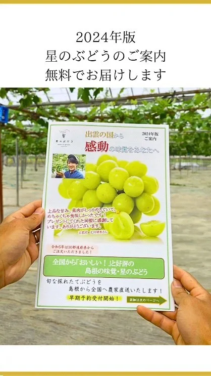 【もっと商品選びを楽しんでいただきたい】
2024年版星のぶどうのご案内が完成しました！

無料にて郵送しているこのご案内には、カタログ、星のぶどうリーフレット、ニュースレター、そして早期予約特典のチラシを同封しています。

ぶどうを買うか迷っている、まずは見てみたいという方でも喜んでお届けしますので、お気軽にお声掛けください👌

希望される方は、星のぶどう公式LINEにて「郵送希望」とお声掛けください。

星のぶどう公式LINEへのアクセスは、@gearfarm.hoshino プロフィールのリンクからどうぞ

┈┈┈┈┈┈┈┈┈┈
🍇星のぶどうの購入方法
ネットショップにて販売中！
⁡
⁡
購入前に聞いておきたいこと
ご要望などがございましたら
お気軽にDMや公式LINEにてお問い合わせください☺️

┈┈┈┈┈┈┈┈┈┈
⁡
#ぶどう
#ぶどう農家
#ぶどう栽培
#シャインマスカット
#星のぶどう
#お取り寄せギフト
#雲南市
#島根