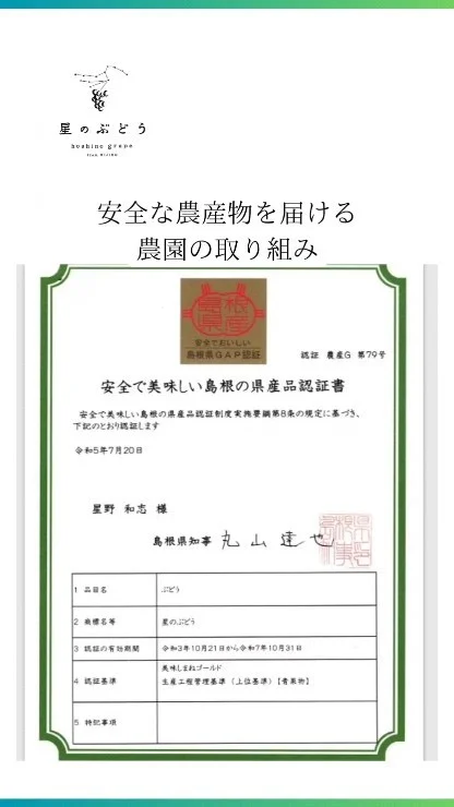 【安心してぶどうを食べていただくための取り組み】
〜あなたに安心して星のぶどうをご利用いただくために〜

ギアファームでは、「美味しまね(おいしまね)認証」というGAP認証をぶどうで取得しています。

これは、食品安全・労働安全・環境配慮など125項目の基準をクリアしているか、第三者である島根県がチェックする取り組みです。

ギアファームでは令和3年に認証を取得し、安全な農産物の提供に努めています！

┈┈┈┈┈┈┈┈┈┈
🍇星のぶどうの購入方法
ネットショップにて販売中！
 @gearfarm.hoshino　の
プロフィールトップURLをクリック
→「ネットで購入」からご購入可能です。
⁡
⁡
購入前に聞いておきたいこと
ご要望などがございましたら
お気軽にDMや公式LINEにてお問い合わせください☺️

┈┈┈┈┈┈┈┈┈┈
⁡
#ぶどう
#ぶどう農家
#ぶどう栽培
#シャインマスカット
#星のぶどう
#お取り寄せギフト
#雲南市
#島根
#美味しまね認証